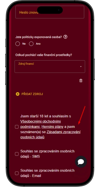 Potvrď kasína podmienky